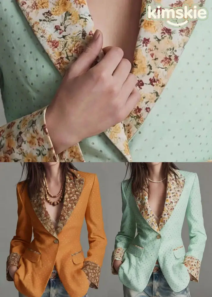 Light Green Dot Print Patchwork Cotton Suit Coat Peter Pan Collar Fall